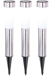 Drei Edelstahl-Solarleuchten mit spitzem Erdspieß, frontal abgebildet.