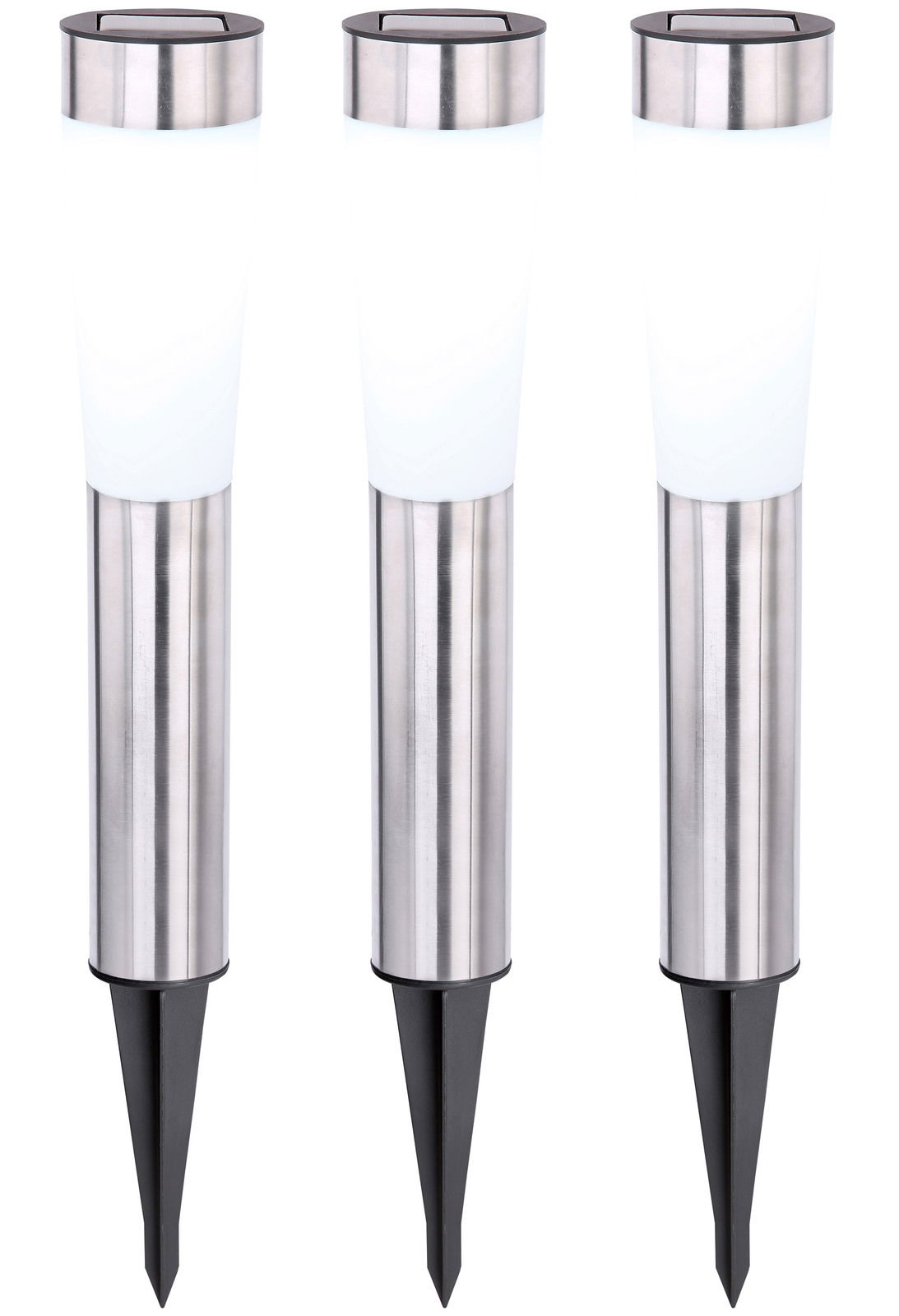 Drei Edelstahl-Solarleuchten mit spitzem Erdspieß, frontal abgebildet.