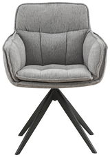 Grauer Armlehnstuhl mit gepolstertem Sitz und Rückenlehne, auf schwarzem Metallgestell, Frontalansicht