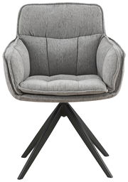 Grauer Armlehnstuhl mit gepolstertem Sitz und Rückenlehne, auf schwarzem Metallgestell, Frontalansicht