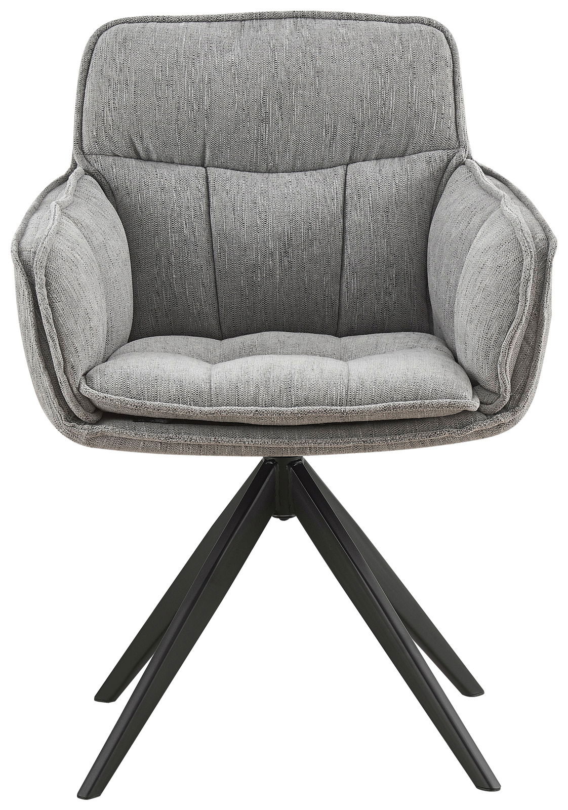 Grauer Armlehnstuhl mit gepolstertem Sitz und Rückenlehne, auf schwarzem Metallgestell, Frontalansicht