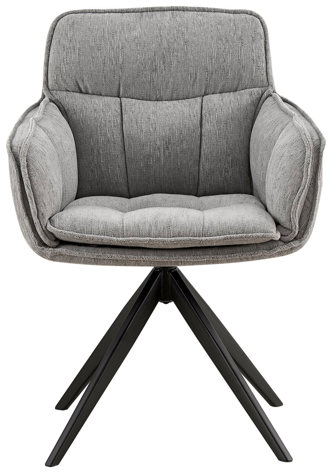 Grauer Armlehnstuhl mit gepolstertem Sitz und Rückenlehne, auf schwarzem Metallgestell, Frontalansicht