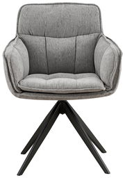 Grauer Armlehnstuhl mit gepolstertem Sitz und Rückenlehne, auf schwarzem Metallgestell, Frontalansicht