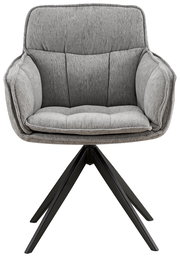 Grauer Armlehnstuhl mit gepolstertem Sitz und Rückenlehne, auf schwarzem Metallgestell, Frontalansicht