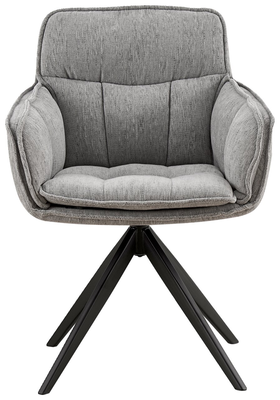 Grijze fauteuil met gestoffeerde zitting en rugleuning, op een zwart metalen onderstel, vooraanzicht