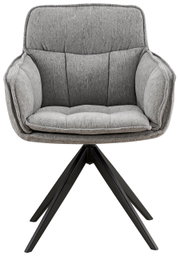 Grijze fauteuil met gestoffeerde zitting en rugleuning, op een zwart metalen onderstel, vooraanzicht