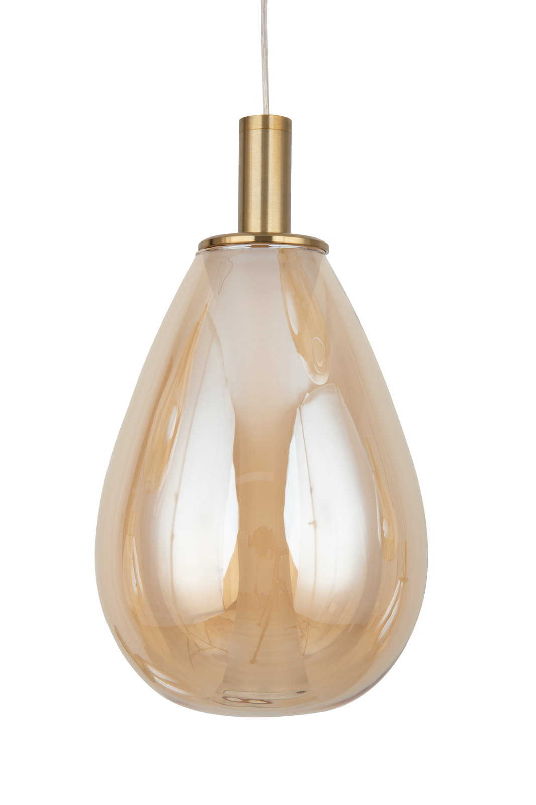 LED-Hängeleuchte mit tropfenförmigem, bernsteinfarbenem Glasschirm und goldener Fassung, Frontalansicht