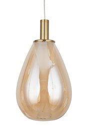 LED-Hängeleuchte mit tropfenförmigem, bernsteinfarbenem Glasschirm und goldener Fassung, Frontalansicht