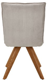 Rückansicht eines Stuhls mit grauem, geripptem Stoffbezug und Holzbeinen.