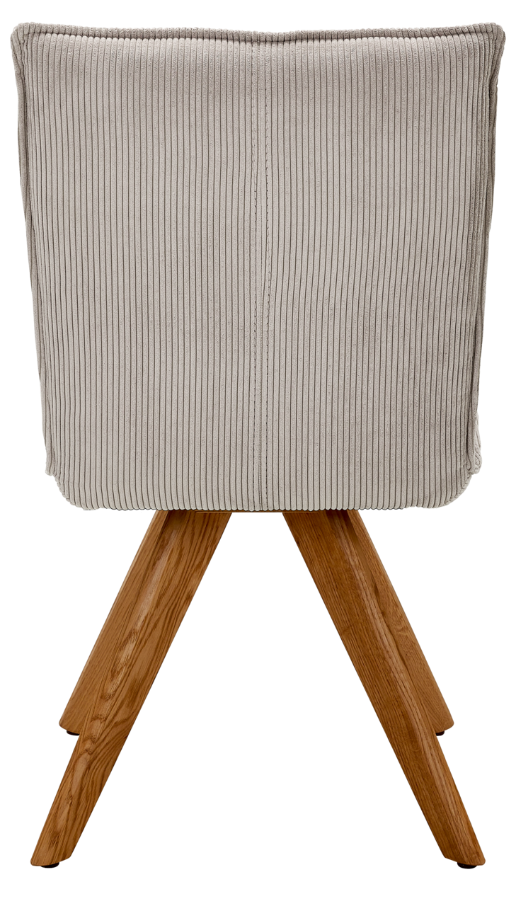 Johann Jakob Stuhl CALAS Rückansicht eines Stuhls mit grauem, geripptem Stoffbezug und Holzbeinen.