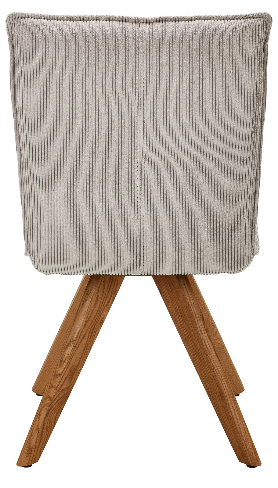 Johann Jakob Stuhl CALAS Rückansicht eines Stuhls mit grauem, geripptem Stoffbezug und Holzbeinen.