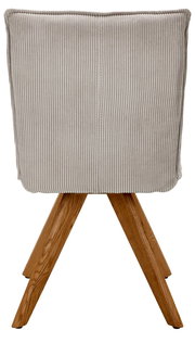 Rückansicht eines Stuhls mit grauem, geripptem Stoffbezug und Holzbeinen.