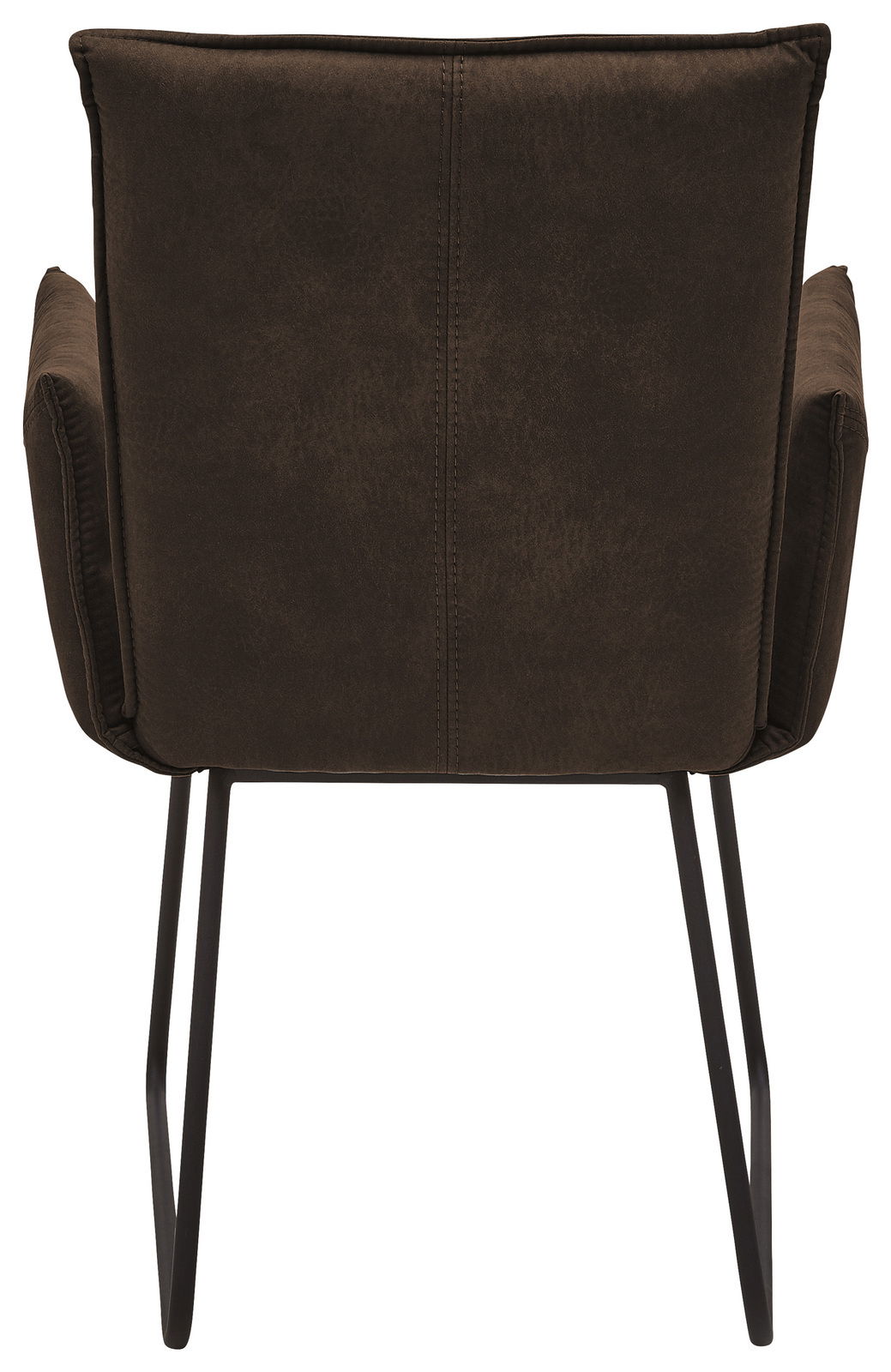 Rückansicht eines Sessels mit braunem Stoffbezug und schwarzen Metallbeinen.