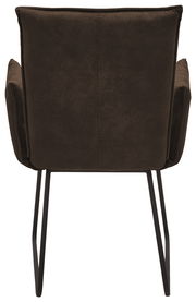 Rückansicht eines Sessels mit braunem Stoffbezug und schwarzen Metallbeinen.