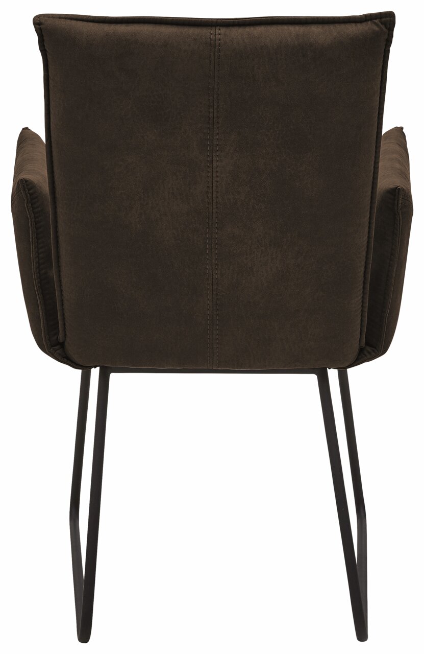 Rückansicht eines Sessels mit braunem Stoffbezug und schwarzen Metallbeinen.