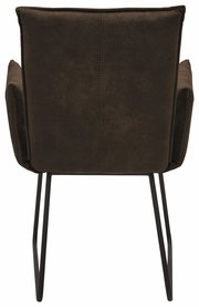 Rückansicht eines Sessels mit braunem Stoffbezug und schwarzen Metallbeinen.