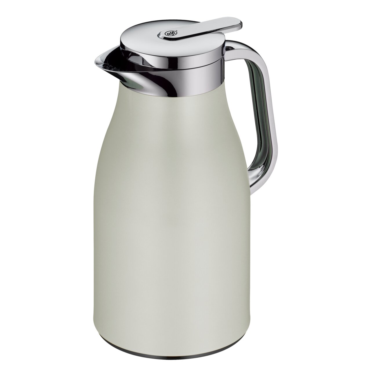 Silberne Thermoskanne SKYLINE mit 1,0l Fassungsvermögen, seitliche Perspektive