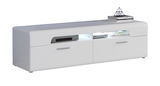 Weißes TV-Lowboard mit zwei Schubladen und offenen Fächern, seitliche Perspektive
