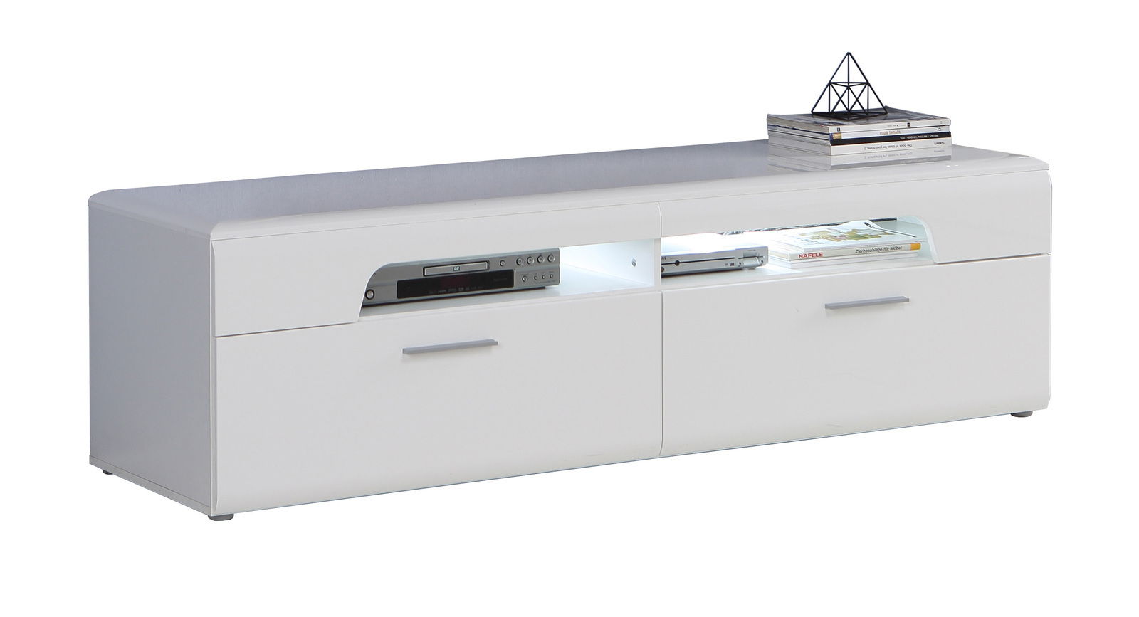Weißes TV-Lowboard mit zwei Schubladen und offenen Fächern, seitliche Perspektive
