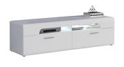 Weißes TV-Lowboard mit zwei Schubladen und offenen Fächern, seitliche Perspektive