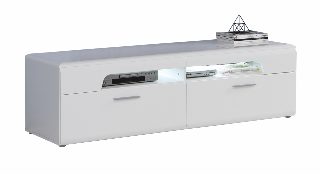 Hom´in TV-Lowboard Corel Weißes TV-Lowboard mit zwei Schubladen und offenen Fächern, seitliche Perspektive
