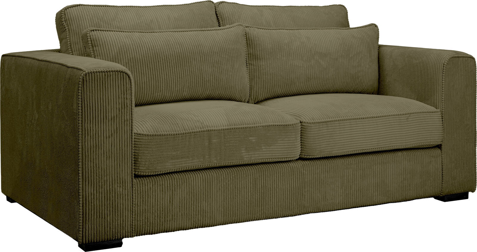 Olivgrünes 2-Sitzer-Sofa mit breiten Armlehnen und Cordbezug, zwei Sitzkissen und Rückenkissen, freigestellt auf weißem Hintergrund, Ansicht schräg von vorne