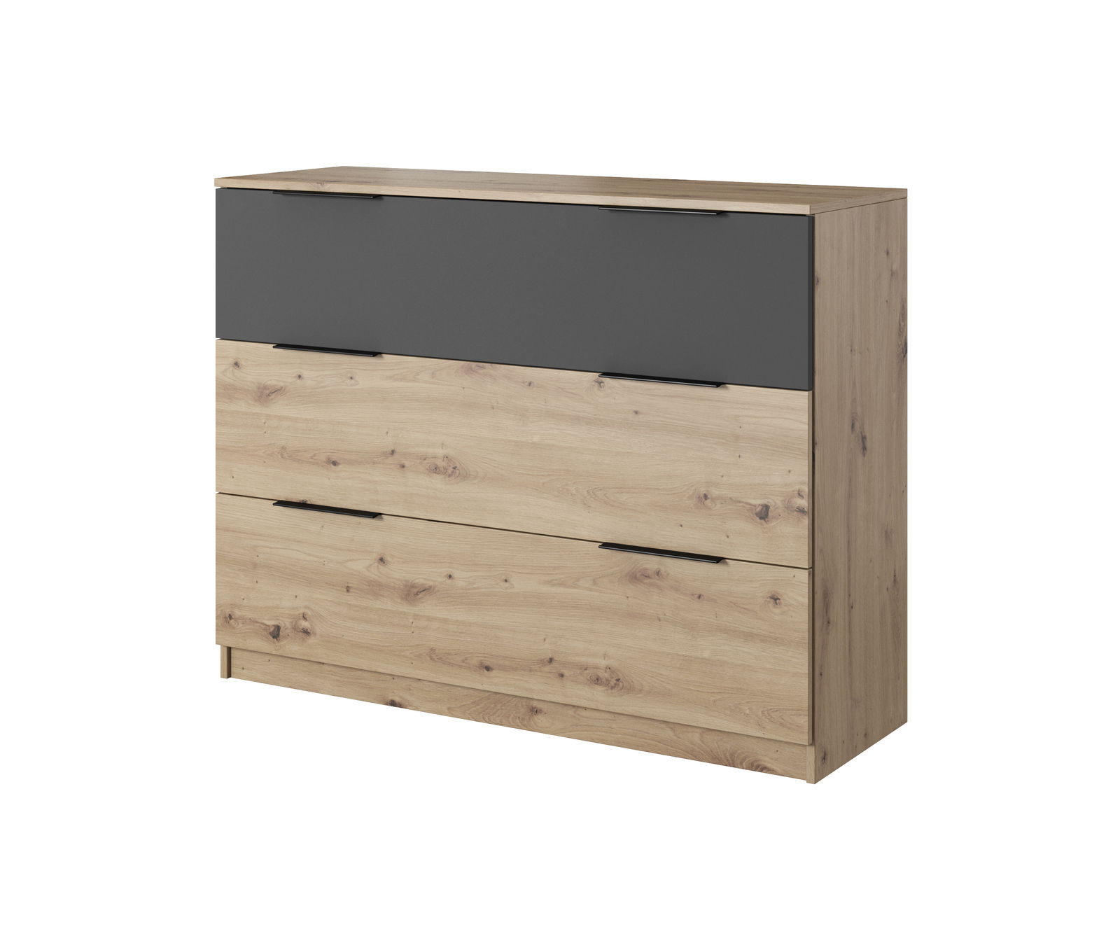Kommode aus Holz mit drei Schubladen, obere Schublade in dunklem Grau, seitliche Perspektive