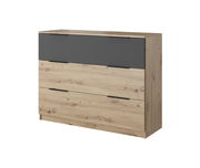 Kommode aus Holz mit drei Schubladen, obere Schublade in dunklem Grau, seitliche Perspektive