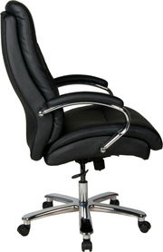 Schwarzer Chefsessel aus Leder mit verchromten Armlehnen und Rollen, Seitenansicht