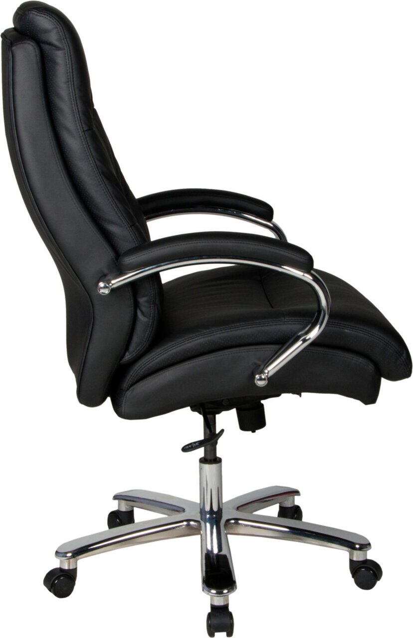 Schwarzer Chefsessel aus Leder mit verchromten Armlehnen und Rollen, Seitenansicht