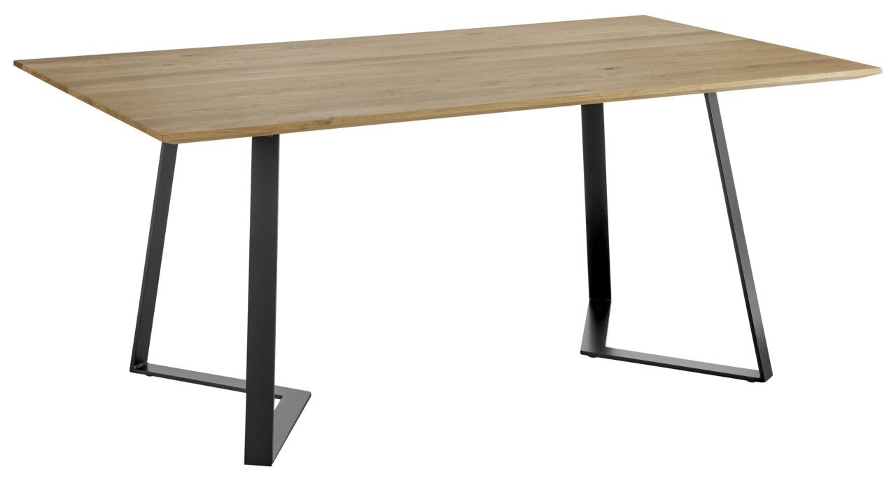 Moderner Esstisch aus Holz mit Metallbeinen, seitliche Perspektive