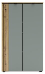 Moderner Büroschrank mit zwei Türen in grauer Farbe und Holzverkleidung an der linken Seite, Frontalansicht