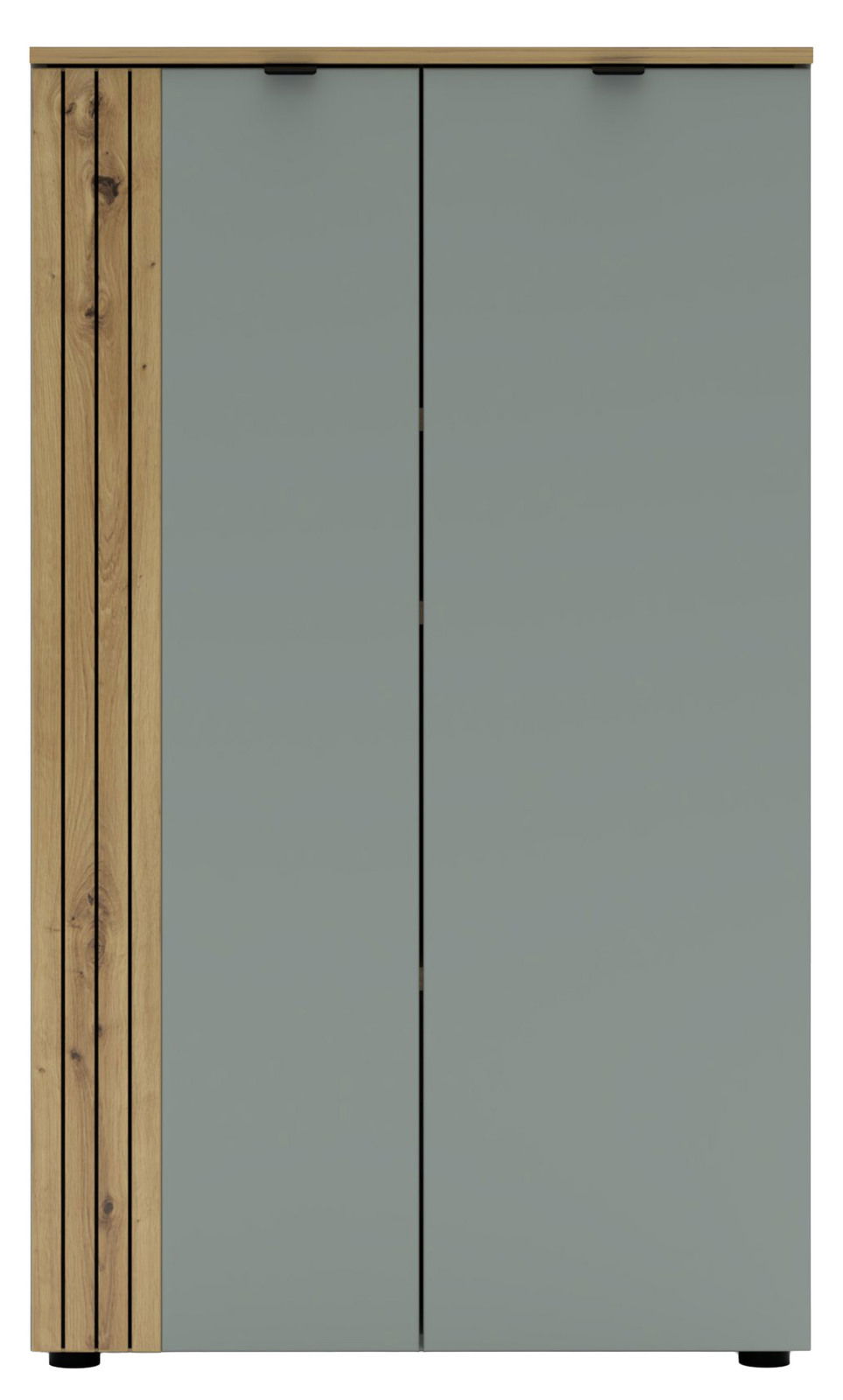 Moderner Büroschrank mit zwei Türen in grauer Farbe und Holzverkleidung an der linken Seite, Frontalansicht