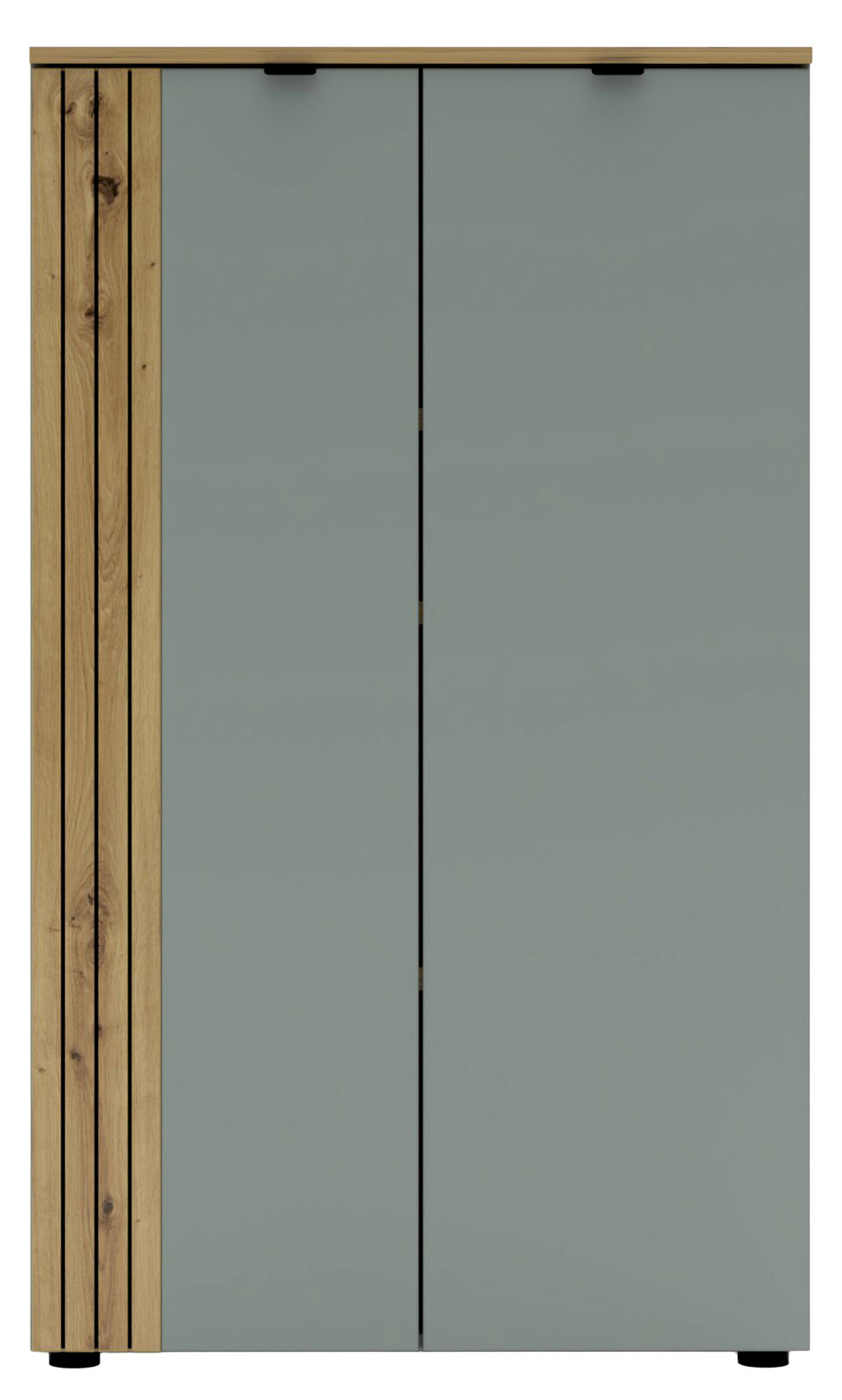 Moderner Büroschrank mit zwei Türen in grauer Farbe und Holzverkleidung an der linken Seite, Frontalansicht