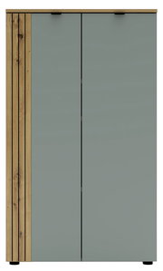 Moderner Büroschrank mit zwei Türen in grauer Farbe und Holzverkleidung an der linken Seite, Frontalansicht