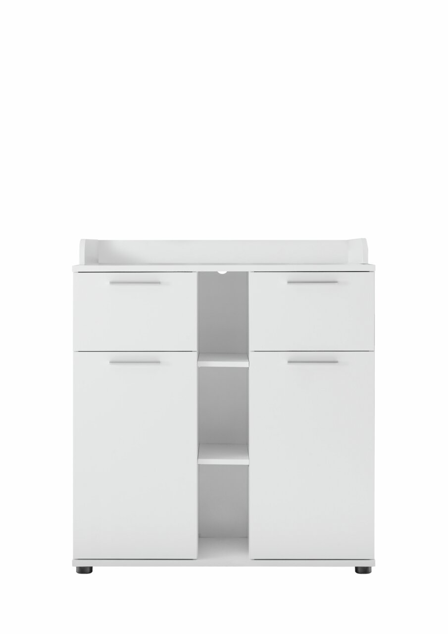 Weiße Wickelkommode mit zwei Türen und offenen Regalfächern, Frontalansicht