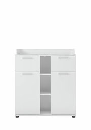 Weiße Wickelkommode mit zwei Türen und offenen Regalfächern, Frontalansicht