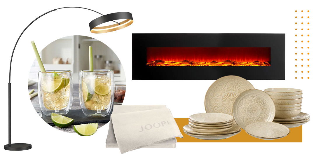 Collage aus Stehlampe, Drinks, Wandkamin, JOOP!-Textilien und beigem Keramik-Geschirrset.