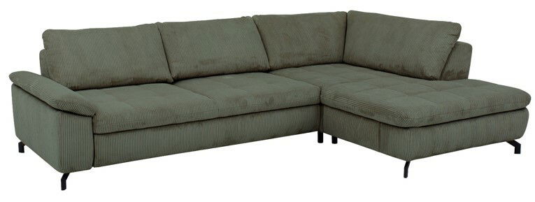 Beldomo Style Ecksofa SENSE Grüne Polsterrundecke in L-Form, perspektivisch von vorne links fotografiert.