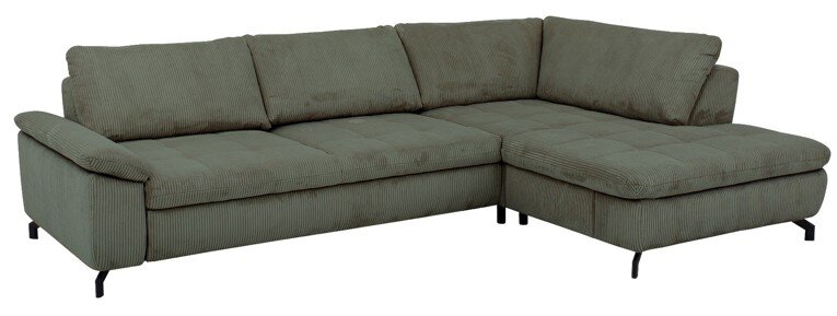 Beldomo Style Ecksofa SENSE Grüne Polsterrundecke in L-Form, perspektivisch von vorne links fotografiert.