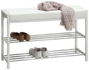 Schuhregal mit zwei Ablagen und einer gepolsterten Sitzfläche, darauf liegt ein Tuch. Perspektive: Frontalansicht.