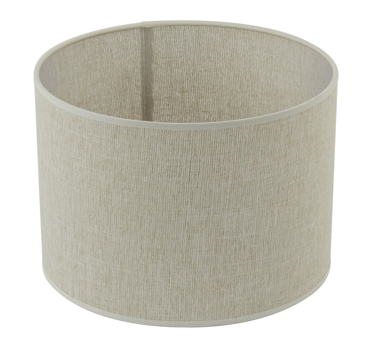 Zylindrischer Lampenschirm aus beigem Stoff, seitliche Perspektive