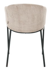 Rückansicht eines Armlehnstuhls mit beigem, geripptem Stoffbezug und schwarzen Metallbeinen.