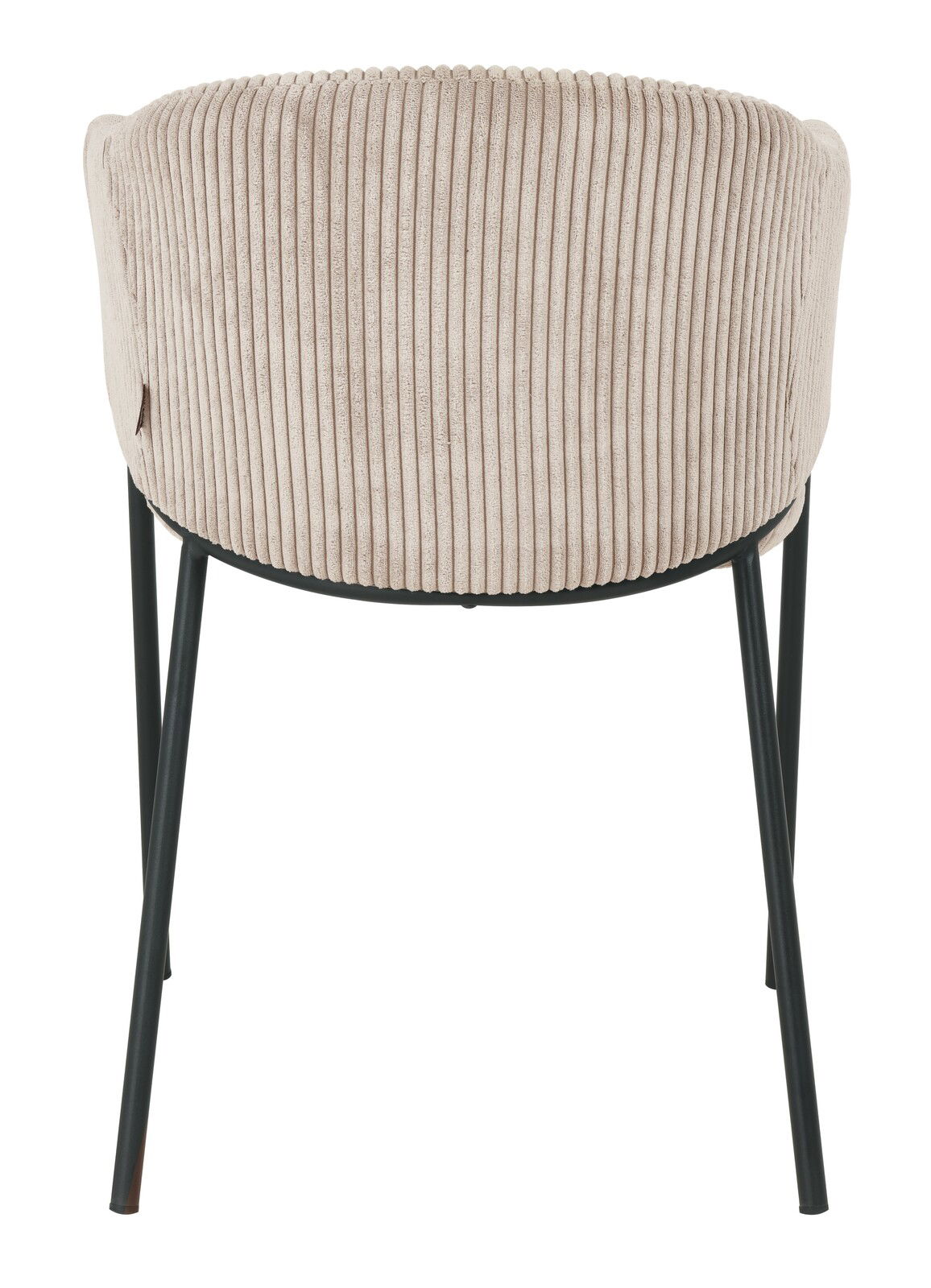 Rückansicht eines Armlehnstuhls mit beigem, geripptem Stoffbezug und schwarzen Metallbeinen.