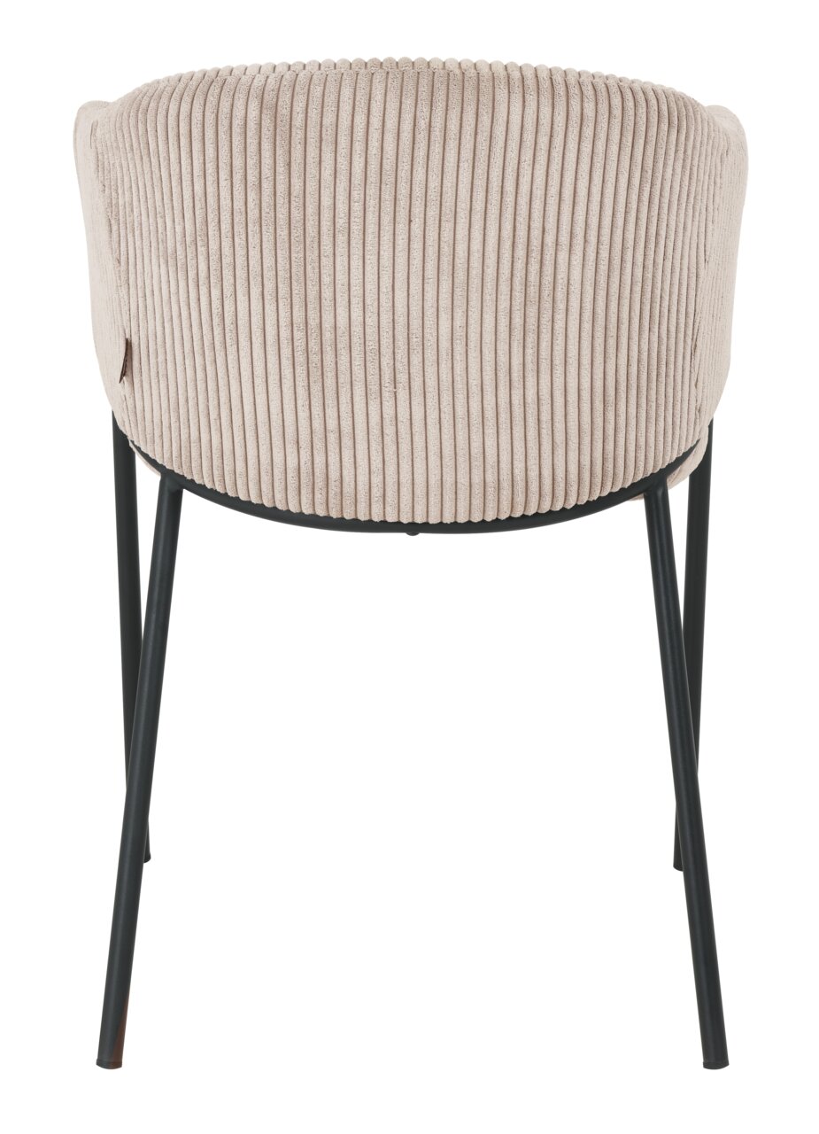Achterkant van een fauteuil met een beige, geribbelde stoffen bekleding en zwarte metalen poten.