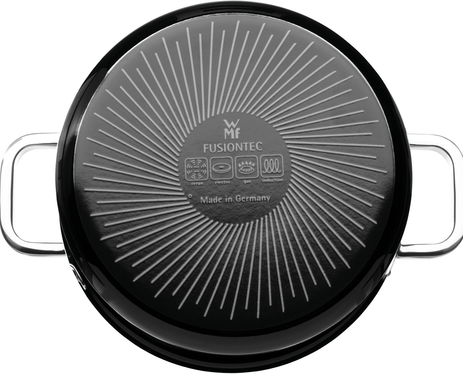 Topfset Fusiontec Black von unten mit sichtbarem Bodenmuster und Griffen, Perspektive von unten.