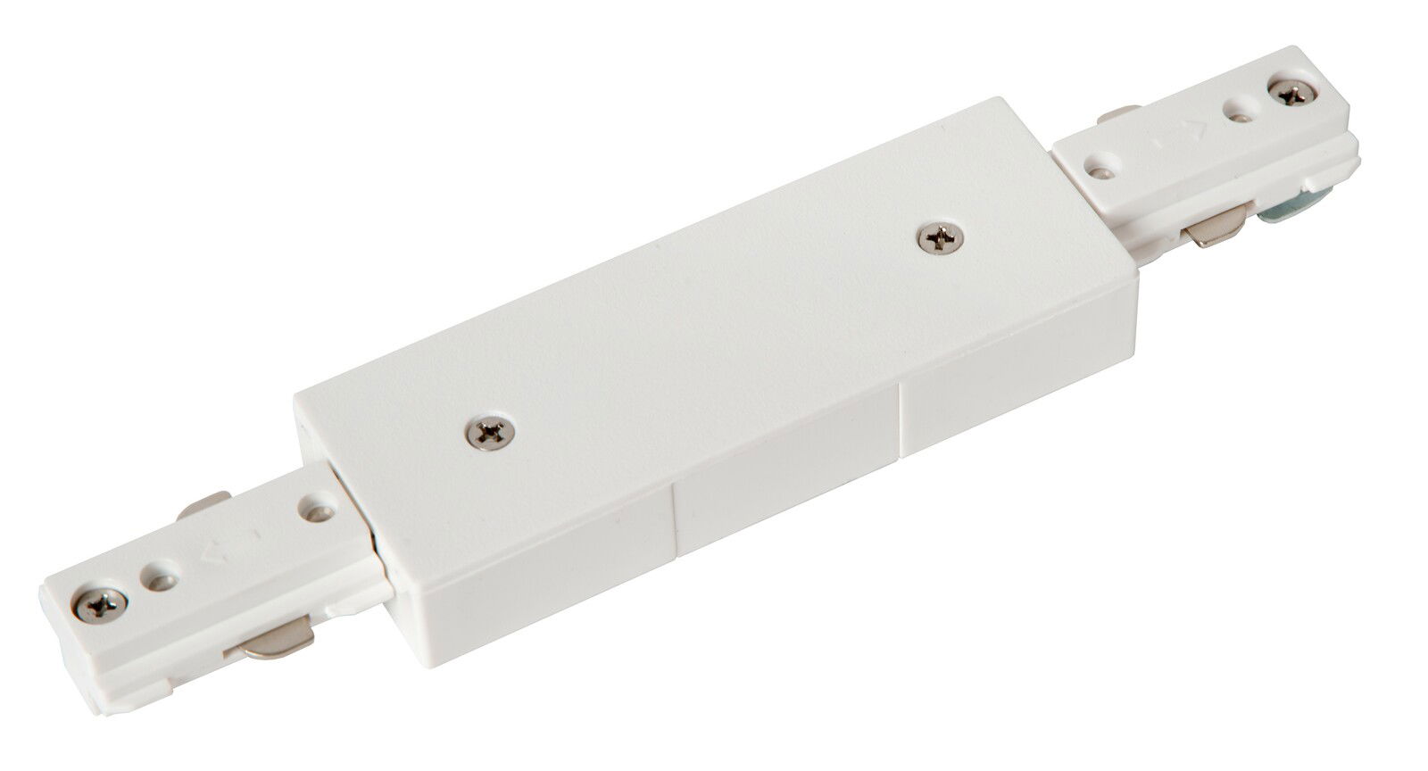 Weißer Mitteleinspeiser für Stromschienen, seitliche Perspektive