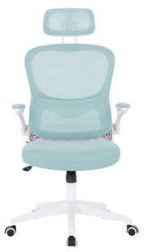 Moderner Drehstuhl in hellem Türkis mit ergonomischer Rückenlehne und Kopfstütze, Frontalansicht