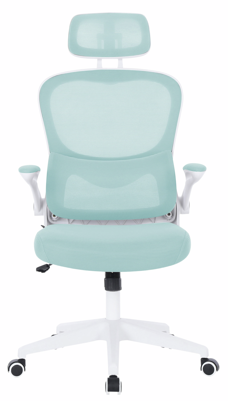 Moderner Drehstuhl in hellem Türkis mit ergonomischer Rückenlehne und Kopfstütze, Frontalansicht