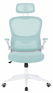 Moderner Drehstuhl in hellem Türkis mit ergonomischer Rückenlehne und Kopfstütze, Frontalansicht
